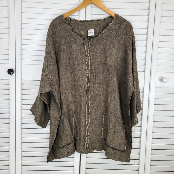 Match Point Tops - Match Point Green Gray Mesh Linen Tunic Top
